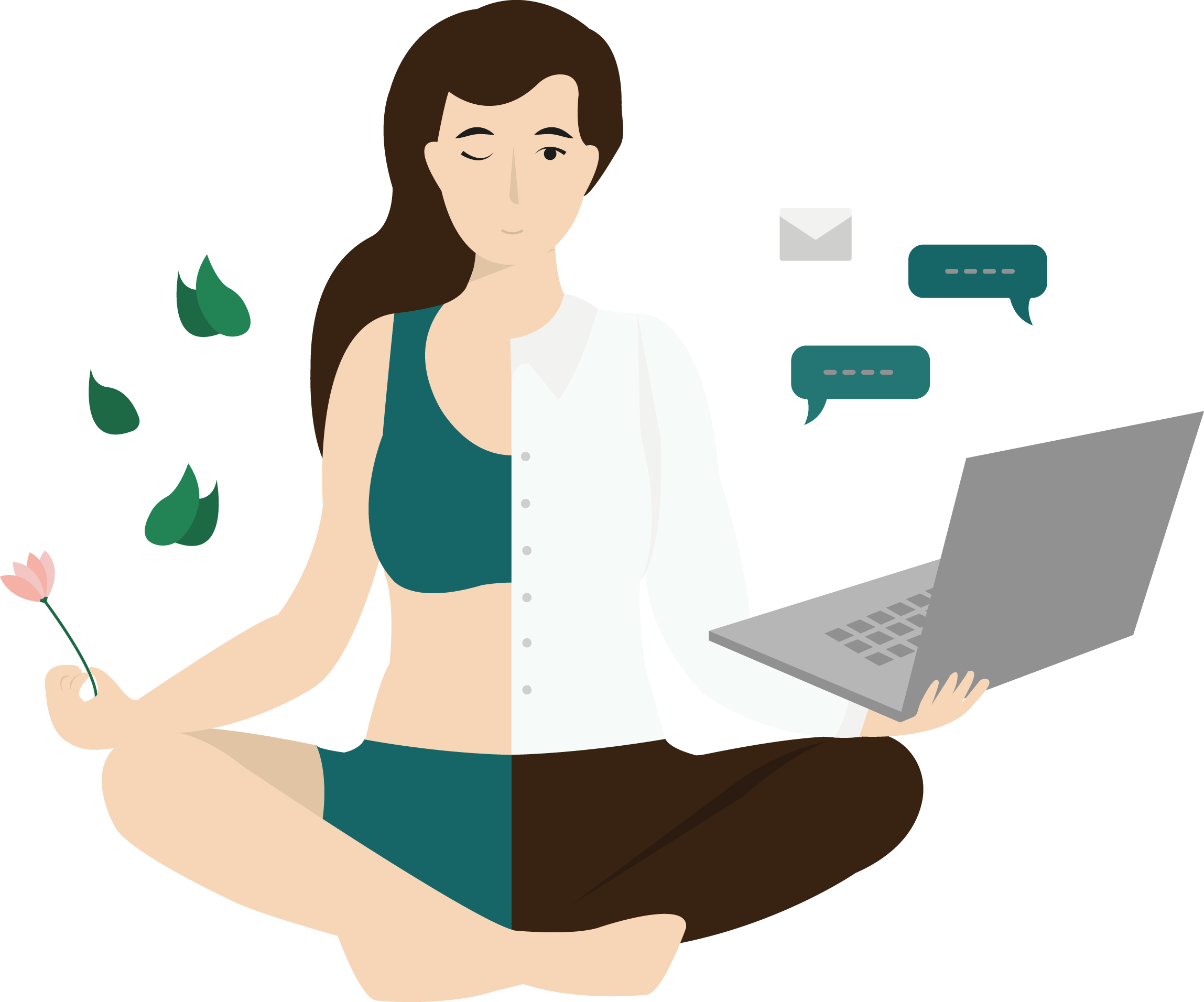 illustrazione_equilibrio_vita_privata_professionale_homepage_MAP-My-Authetic-Path un'illustrazione di una persona seduta a gambe incrociate divisa a metà. Nella parte sinistra la donna ha i capelli scuri e sciolti, e tiene in mano un fiore mentre sembra stia facendo yoga. La parte destra dell'illustrazione rappresenta una figura dai capelli scuri e corti, che tiene in mano un laptop grigio, chiaramente nel pieno della propria attività lavorativa. L'immagine simboleggia l'importanza che Carol Bourg e Raffaella Nicolosi danno all'equilibrio tra vita privata e ambito professionale, e a come questo equilibrio può essere riscoperto attraverso uno dei percorsi MAP - My Authentic Path.